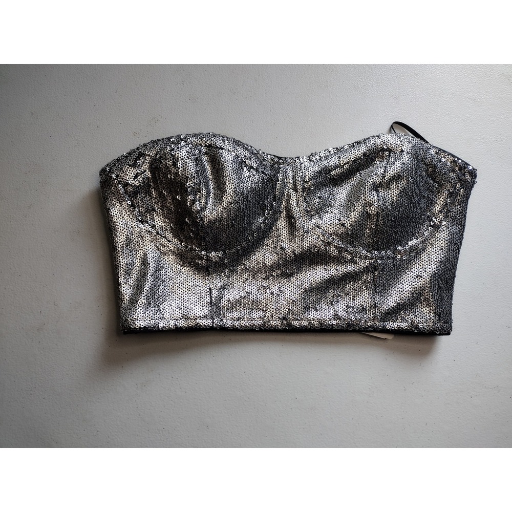 Forever 21 Silver Sequin Bustier Crop Top Sweetheart Zip Back Small New‎